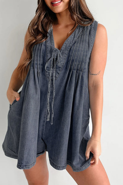 Casual Street Solid Colour Pocket Lace Up V Neck Mouwloze Losse Denim Jumpsuits