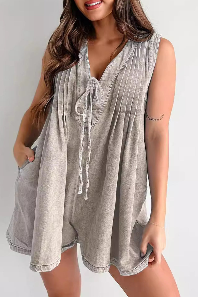 Casual Street Solid Colour Pocket Lace Up V Neck Mouwloze Losse Denim Jumpsuits