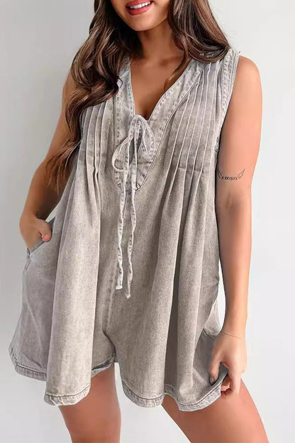 Casual Street Solid Colour Pocket Lace Up V Neck Mouwloze Losse Denim Jumpsuits