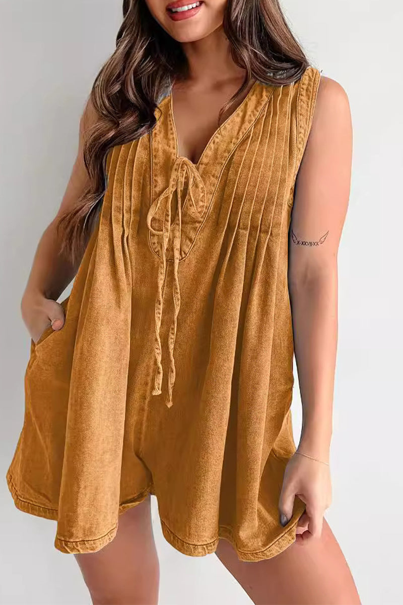 Casual Street Solid Colour Pocket Lace Up V Neck Mouwloze Losse Denim Jumpsuits