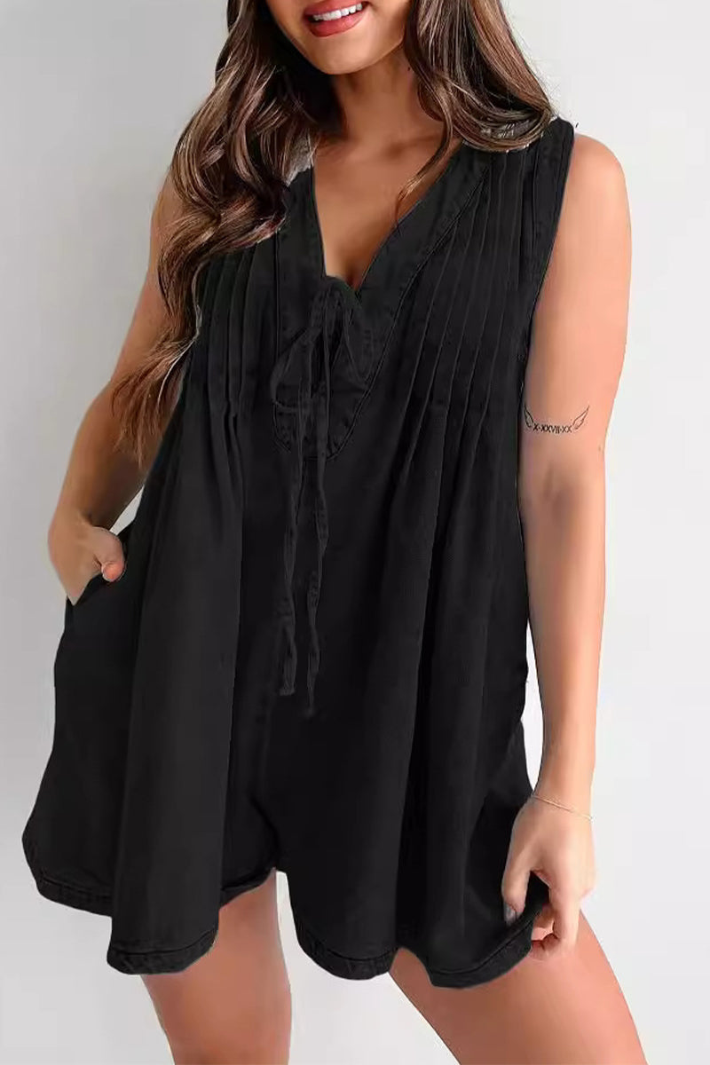 Casual Street Solid Colour Pocket Lace Up V Neck Mouwloze Losse Denim Jumpsuits