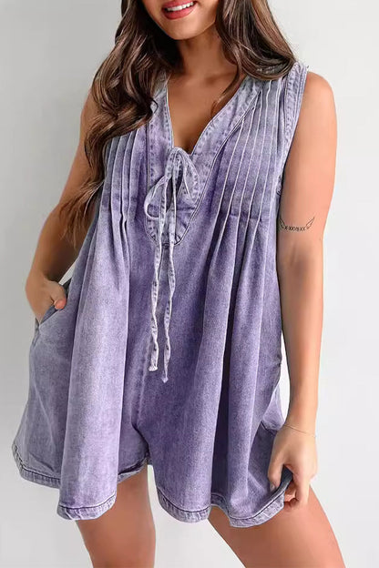 Casual Street Solid Colour Pocket Lace Up V Neck Mouwloze Losse Denim Jumpsuits