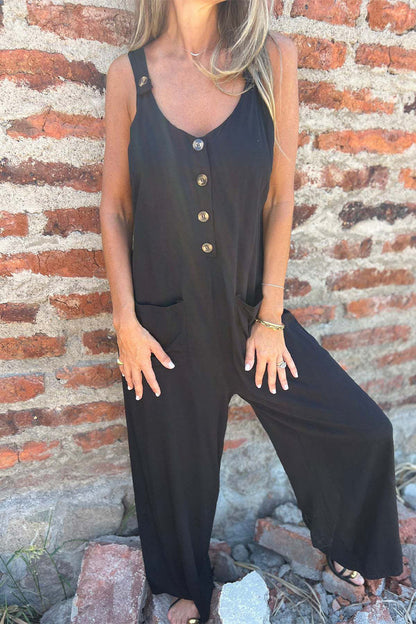 Casual effen gekleurde jumpsuits met rugloze U-hals zakken en knopen (in het Engels)