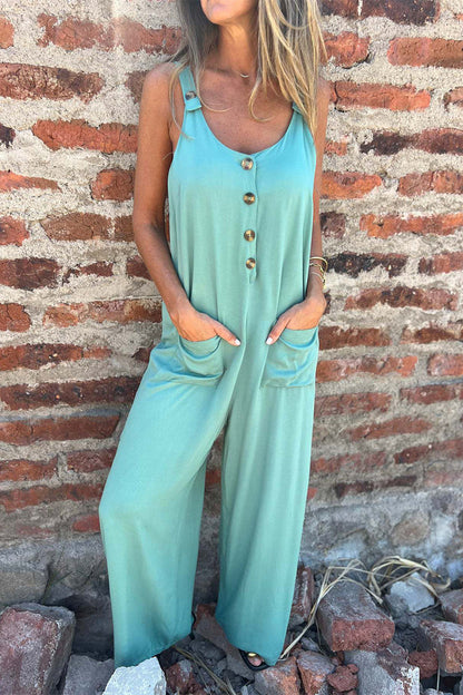 Casual effen gekleurde jumpsuits met rugloze U-hals zakken en knopen (in het Engels)