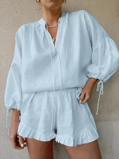 Casual Lantaarn Mouw Top Korte Broek Katoen en Linnen Tweedelige Set