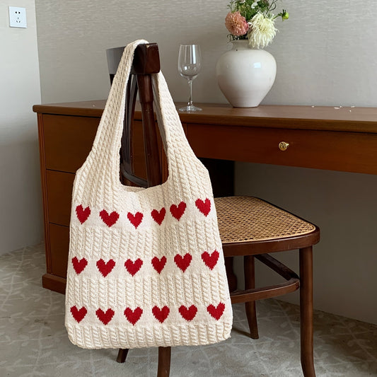 Nina | Handgemaakte gebreide hartpatroon shopper-tas