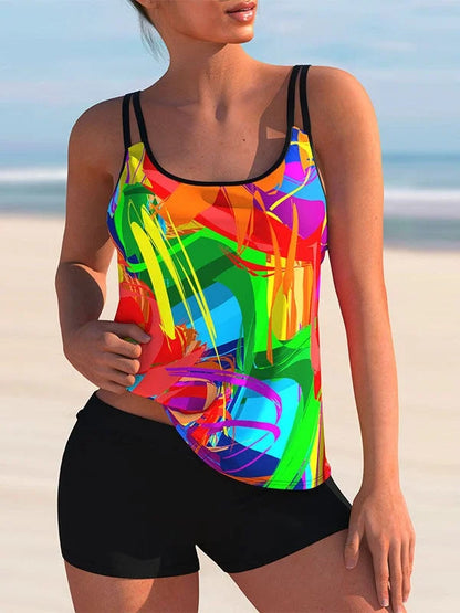 Plus Size Zwemkleding Mouwloos Bloemetjesbedrukt Licht Gestreept Tankini