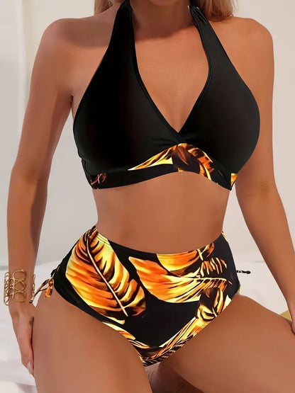 Stijlvolle halterbikini met tropische bladprint