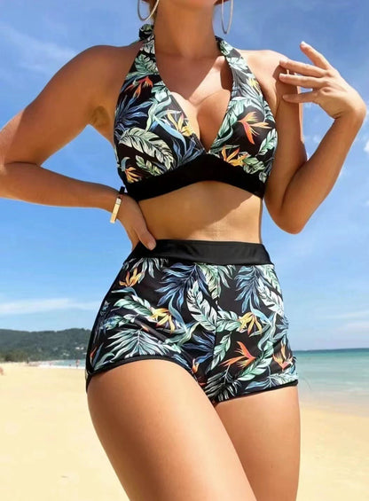 vrouwen mode blad print bandjes split bikini badmode