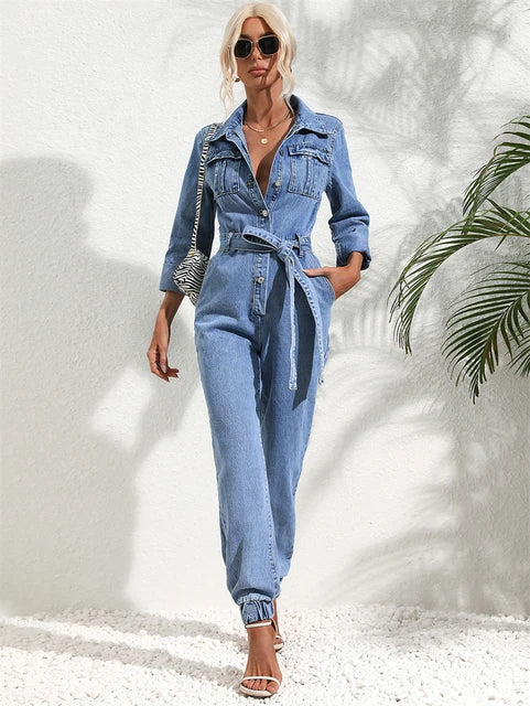 Karen - Dames Jumpsuit Blauw Denim Halter Riem