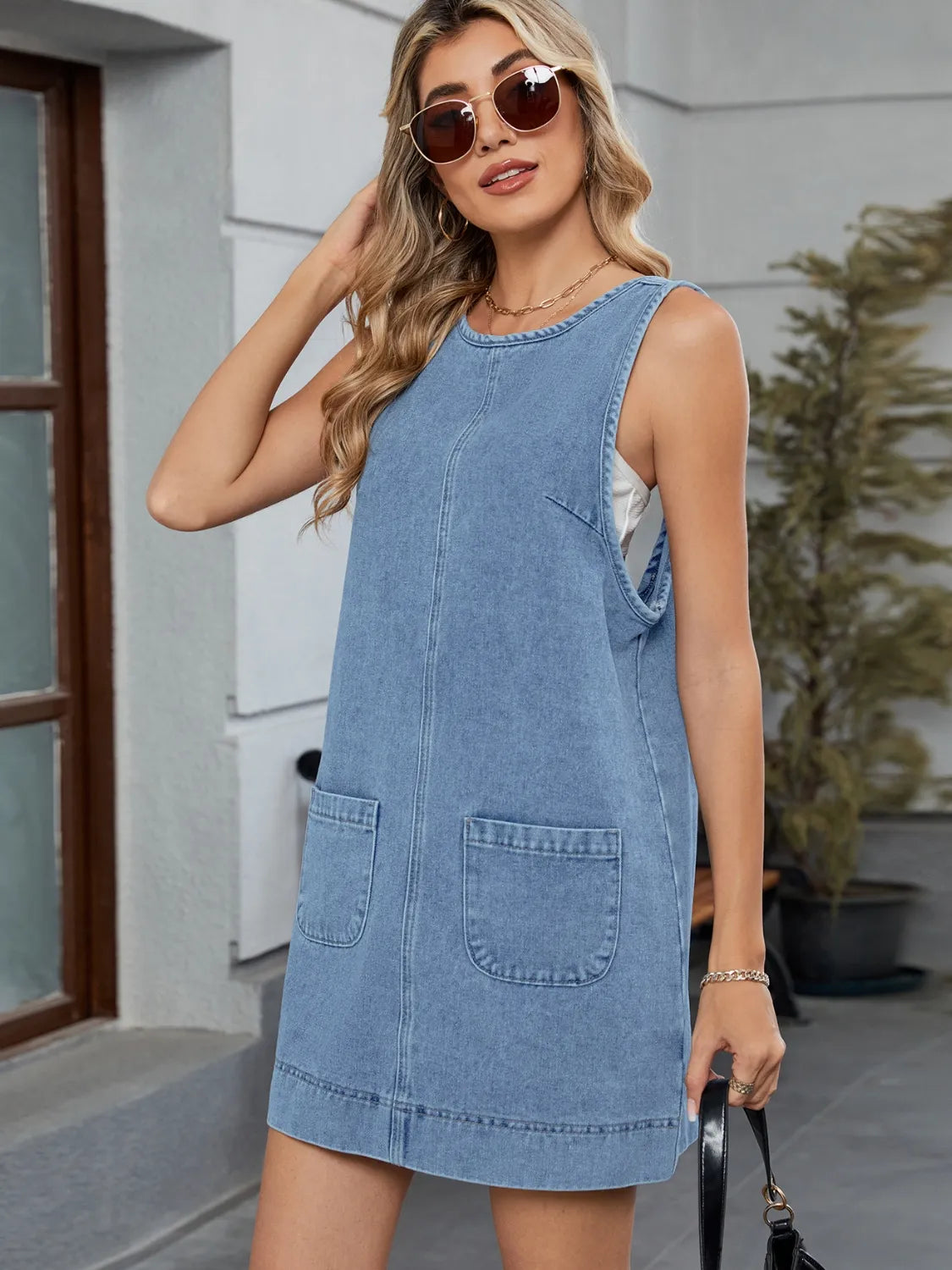 denim jumpsuit-jurk met ronde hals