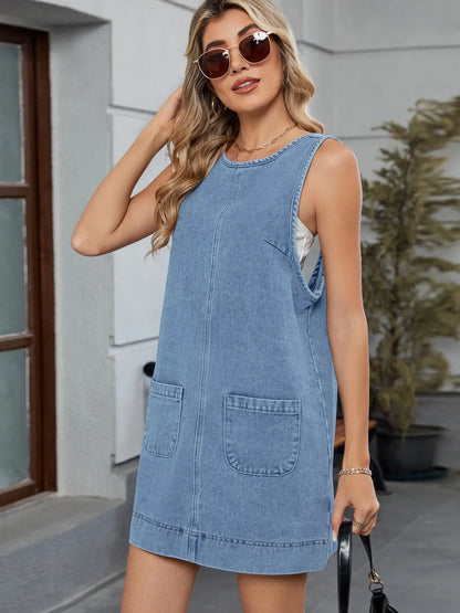 denim jumpsuit-jurk met ronde hals