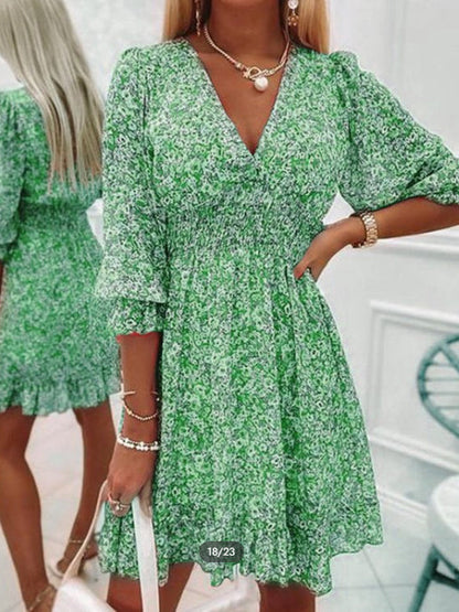 Boho jurk met print, korte mouwen en bloemenmotief