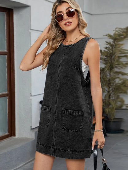denim jumpsuit-jurk met ronde hals