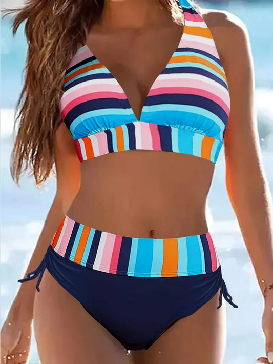Halterbikini met kleurrijke streepprint en koordje