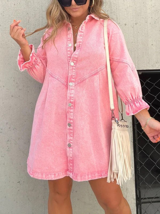 Roze denim overhemdjurk met lange mouwen