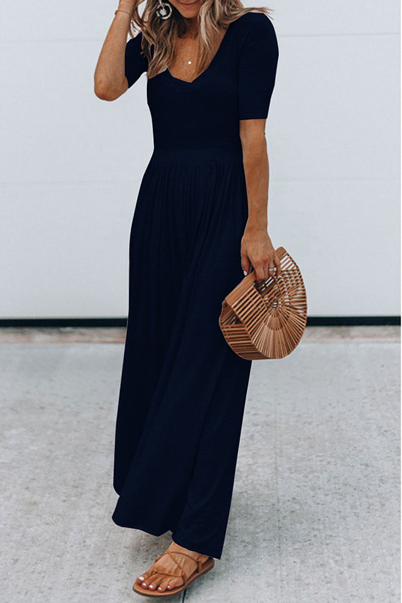 Jumpsuit met ronde hals, vleugelmouwen en hoge taille