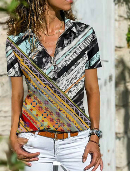 Bohemian West Ethnic Zip Top shirt met korte mouwen