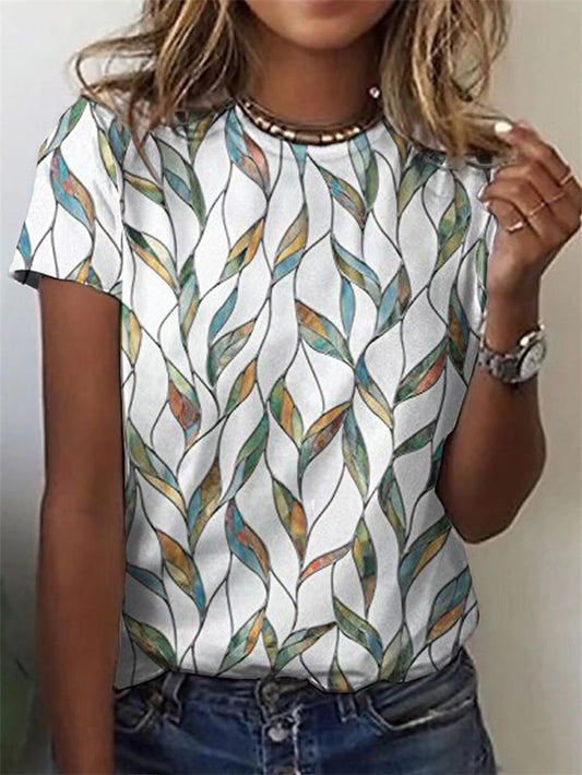 T-shirt met bladprint, rechte korte mouwen en ronde halslijn, oversized