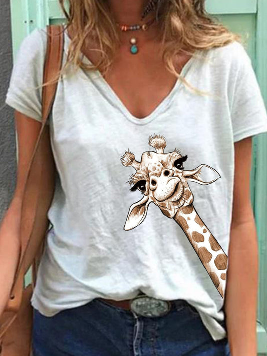 T-shirt met korte mouwen en V-hals met dierenprint