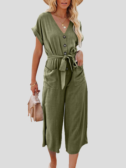 Casual jumpsuit met V-hals, riem en dubbele zak