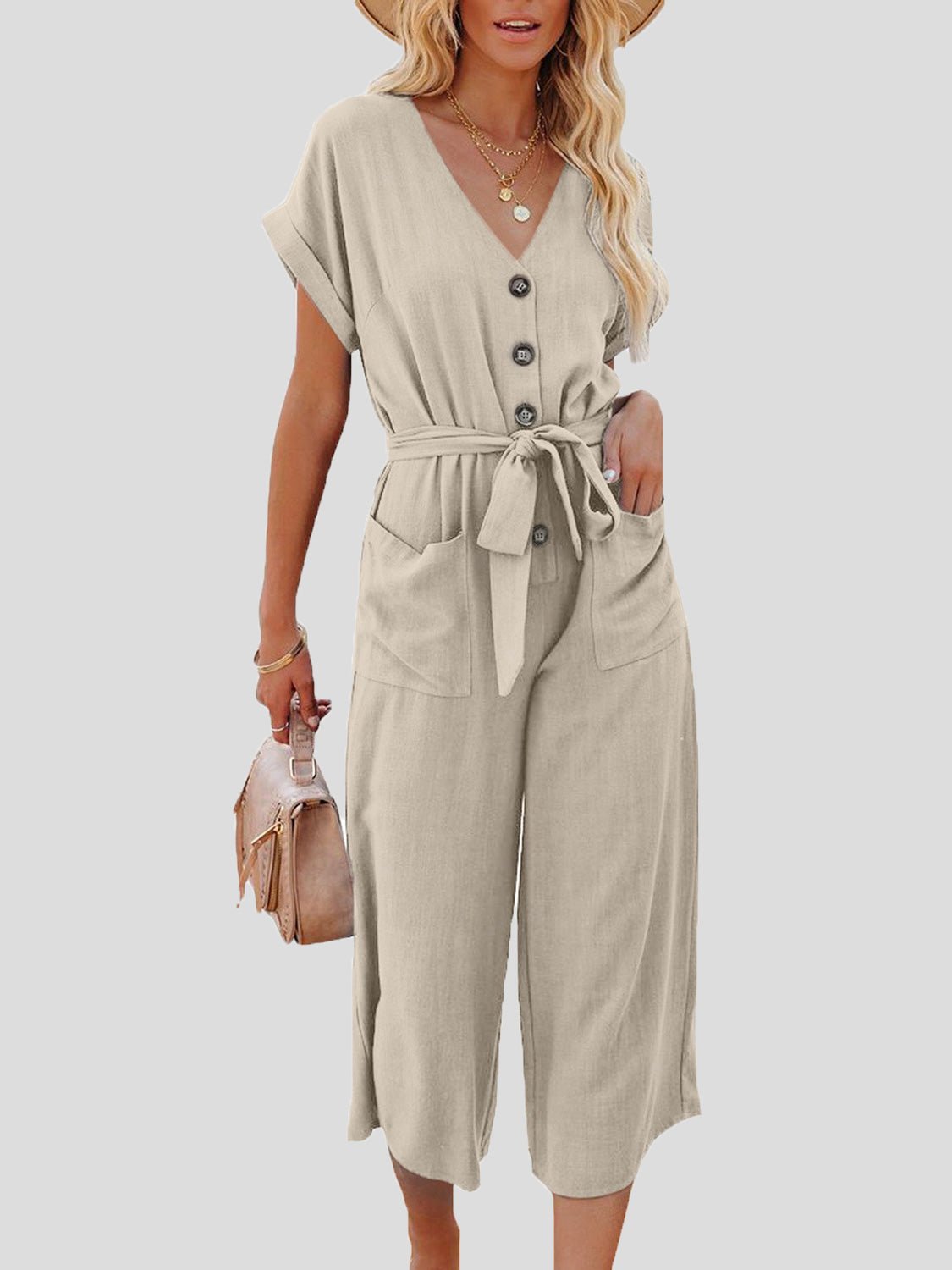 Casual jumpsuit met V-hals, riem en dubbele zak