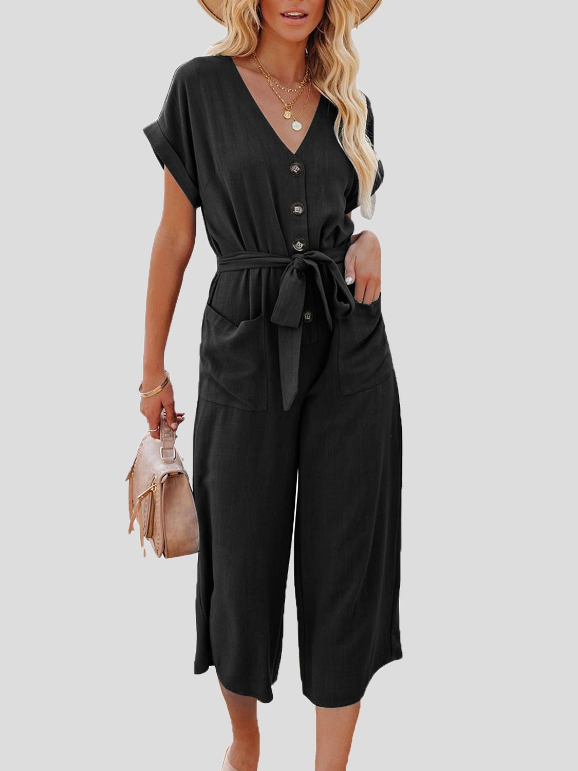 Casual jumpsuit met V-hals, riem en dubbele zak