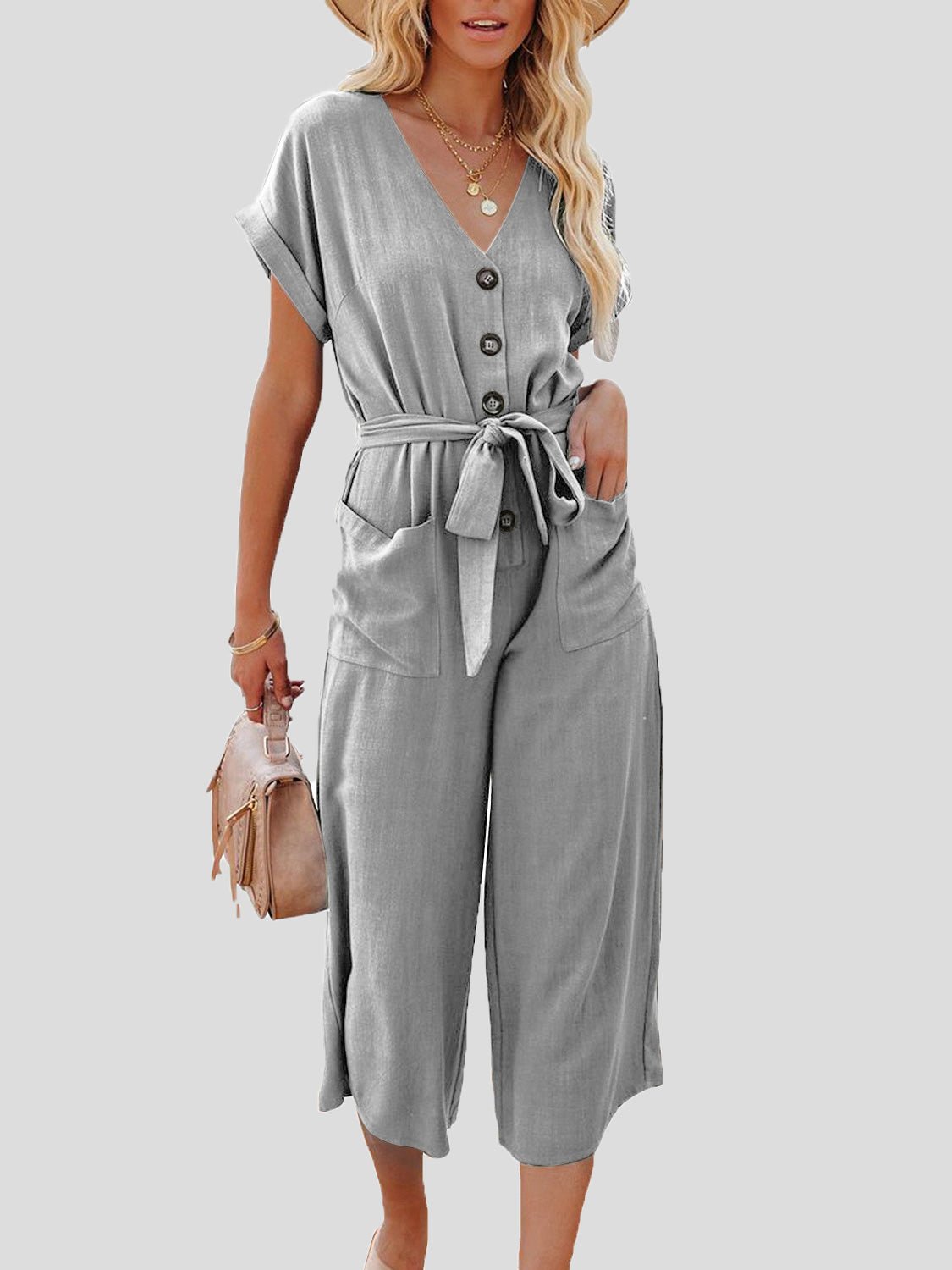 Casual jumpsuit met V-hals, riem en dubbele zak